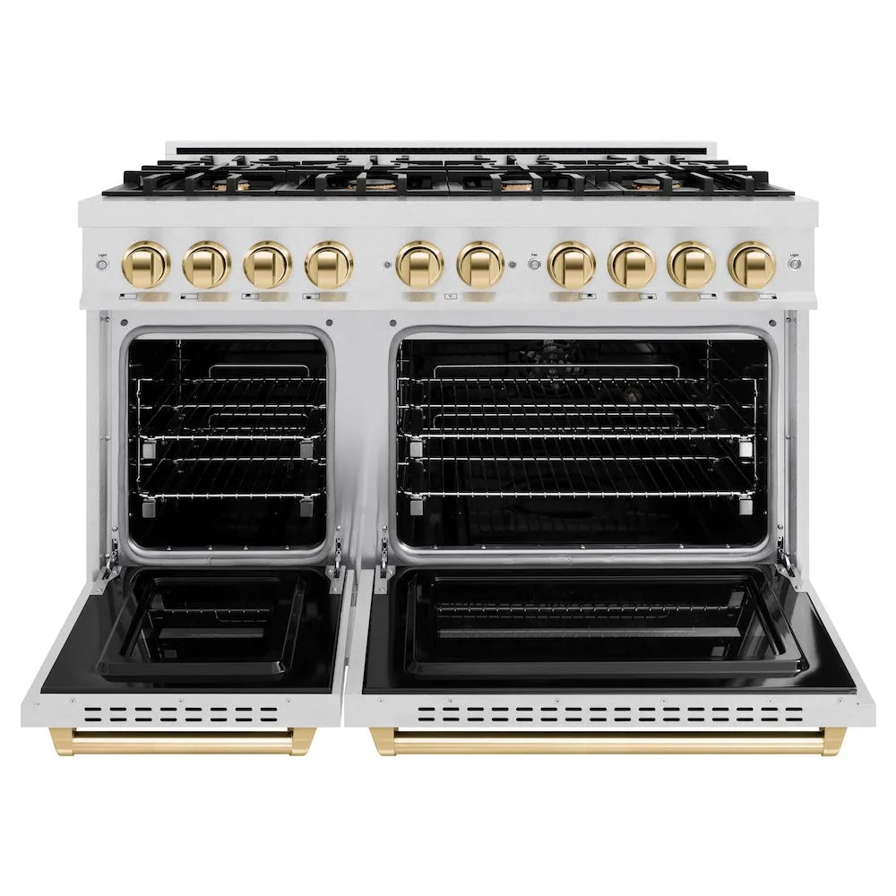 ZLINE Autograph Edition 48 in. 6.7 cu. ft. Classic Double Oven Gas Range with 8 Burner Cooktop in Satin Stainless Steel and Polished Gold Accents (CGRSZ-48-G) front, oven open.