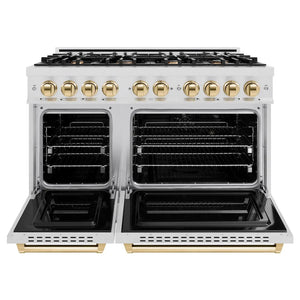 ZLINE Autograph Edition 48 in. 6.7 cu. ft. Classic Double Oven Gas Range with 8 Burner Cooktop in Satin Stainless Steel and Polished Gold Accents (CGRSZ-48-G) front, oven open.
