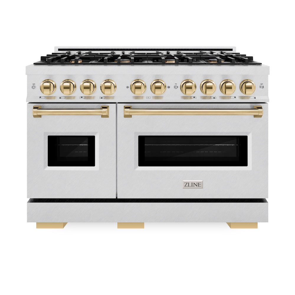 ZLINE Autograph Edition 48 in. 6.7 cu. ft. Classic Double Oven Gas Range with 8 Burner Cooktop in Satin Stainless Steel and Polished Gold Accents (CGRSZ-48-G) front, oven closed.