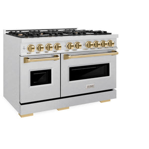 ZLINE Autograph Edition 48 in. 6.7 cu. ft. Classic Double Oven Gas Range with 8 Burner Cooktop in Satin Stainless Steel and Polished Gold Accents (CGRSZ-48-G) side, oven closed.