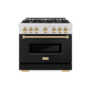 ZLINE Autograph Edition 36 in. 5.2 cu. ft. Classic Gas Range with 6 Burner Cooktop and Convection Gas Oven in Satin Stainless Steel with Black Matte Door and Polished Gold Accents (CGRSZ-BLM-36-G)