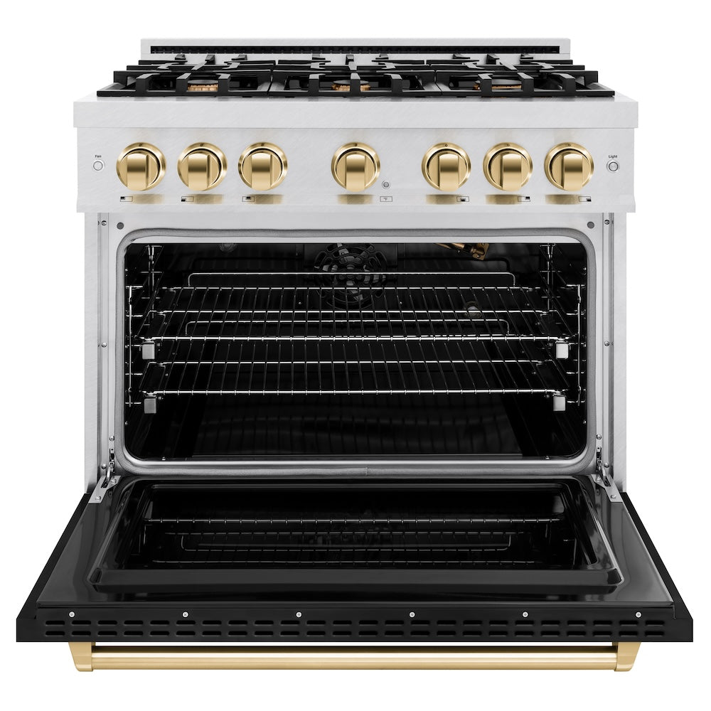 ZLINE Autograph Edition 36 in. 5.2 cu. ft. Classic Gas Range with 6 Burner Cooktop and Convection Gas Oven in Satin Stainless Steel with Black Matte Door and Polished Gold Accents (CGRSZ-BLM-36-G) front, oven open.