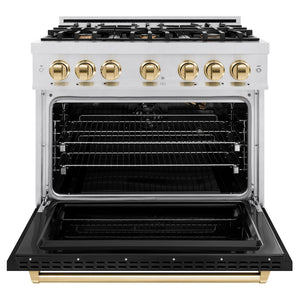ZLINE Autograph Edition 36 in. 5.2 cu. ft. Classic Gas Range with 6 Burner Cooktop and Convection Gas Oven in Satin Stainless Steel with Black Matte Door and Polished Gold Accents (CGRSZ-BLM-36-G) front, oven open.