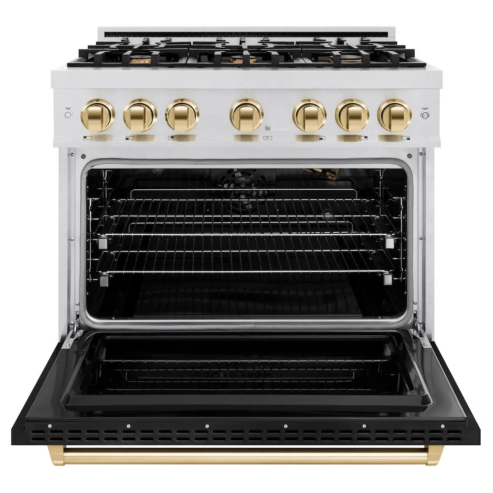ZLINE Autograph Edition 36 in. 5.2 cu. ft. Classic Gas Range with 6 Burner Cooktop and Convection Gas Oven in Satin Stainless Steel with Black Matte Door and Polished Gold Accents (CGRSZ-BLM-36-G) front, oven open.