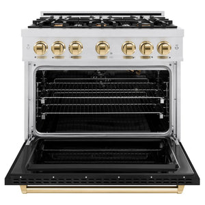 ZLINE Autograph Edition 36 in. 5.2 cu. ft. Classic Gas Range with 6 Burner Cooktop and Convection Gas Oven in Satin Stainless Steel with Black Matte Door and Polished Gold Accents (CGRSZ-BLM-36-G) front, oven open.