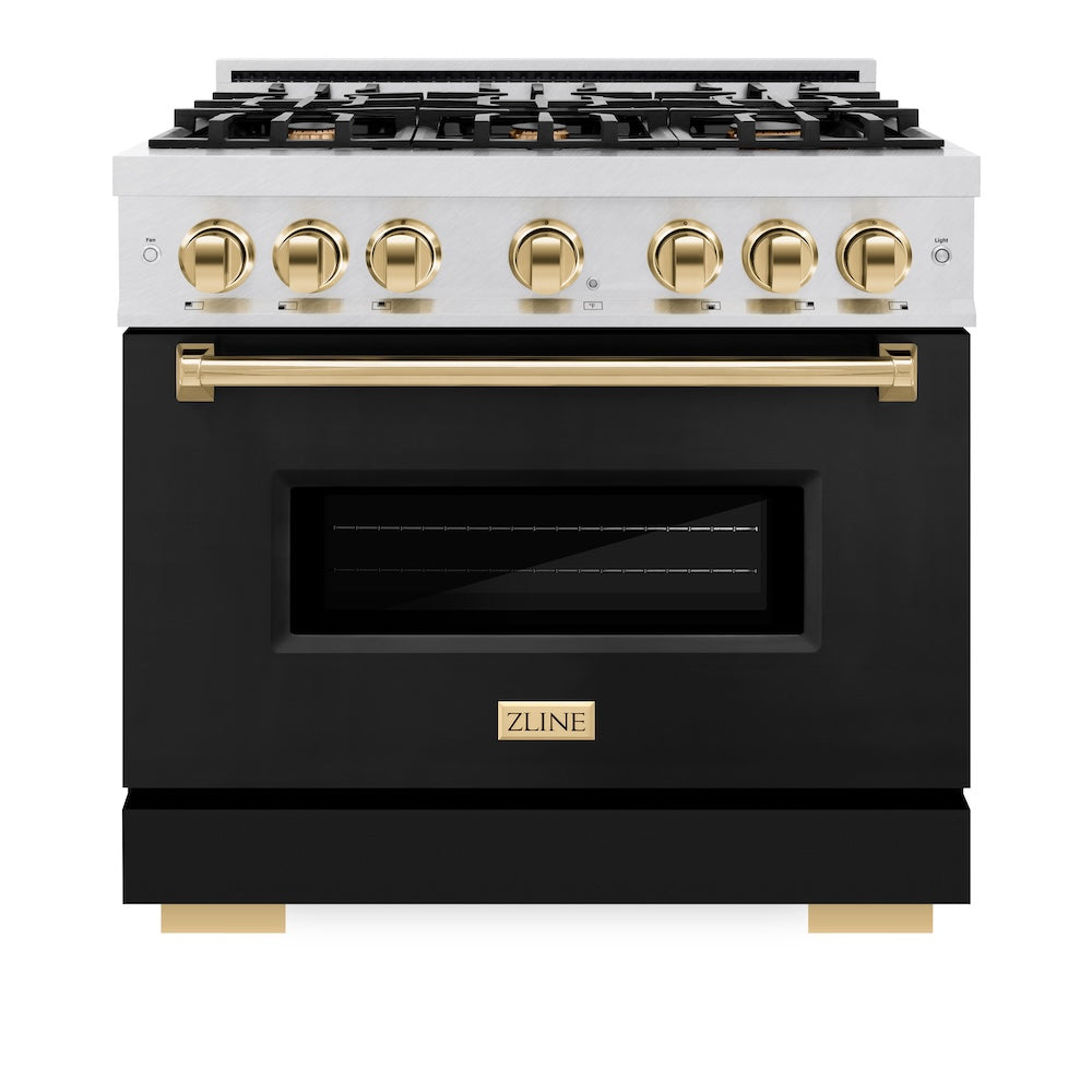 ZLINE Autograph Edition 36 in. 5.2 cu. ft. Classic Gas Range with 6 Burner Cooktop and Convection Gas Oven in Satin Stainless Steel with Black Matte Door and Polished Gold Accents (CGRSZ-BLM-36-G) front, oven closed.