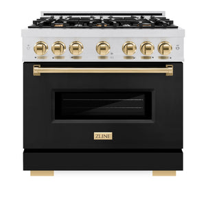 ZLINE Autograph Edition 36 in. 5.2 cu. ft. Classic Gas Range with 6 Burner Cooktop and Convection Gas Oven in Satin Stainless Steel with Black Matte Door and Polished Gold Accents (CGRSZ-BLM-36-G) front, oven closed.