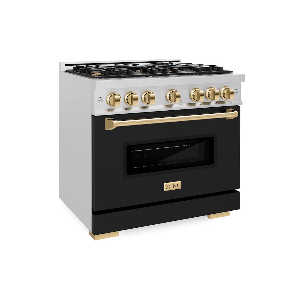 ZLINE Autograph Edition 36 in. 5.2 cu. ft. Classic Gas Range with 6 Burner Cooktop and Convection Gas Oven in Satin Stainless Steel with Black Matte Door and Polished Gold Accents (CGRSZ-BLM-36-G) side.