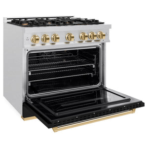 ZLINE Autograph Edition 36 in. 5.2 cu. ft. Classic Gas Range with 6 Burner Cooktop and Convection Gas Oven in Satin Stainless Steel with Black Matte Door and Polished Gold Accents (CGRSZ-BLM-36-G) side, oven open.
