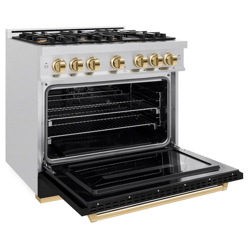ZLINE Autograph Edition 36 in. 5.2 cu. ft. Classic Gas Range with 6 Burner Cooktop and Convection Gas Oven in Satin Stainless Steel with Black Matte Door and Polished Gold Accents (CGRSZ-BLM-36-G) side, oven open.