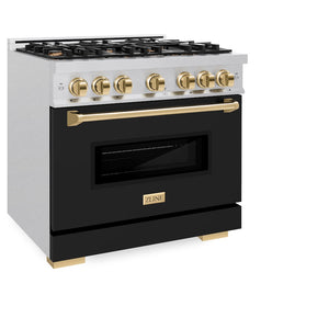 ZLINE Autograph Edition 36 in. 5.2 cu. ft. Classic Gas Range with 6 Burner Cooktop and Convection Gas Oven in Satin Stainless Steel with Black Matte Door and Polished Gold Accents (CGRSZ-BLM-36-G) side, oven closed.