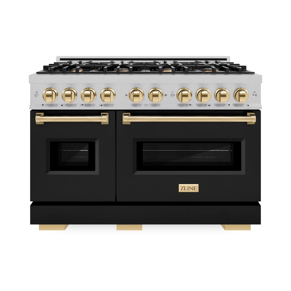 ZLINE Autograph Edition 48 in. 6.7 cu. ft. Classic Double Oven Gas Range with 8 Burner Cooktop in Satin Stainless Steel with Black Matte Doors and Polished Gold Accents (CGRSZ-BLM-48-G) front.