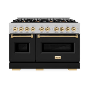 ZLINE Autograph Edition 48 in. 6.7 cu. ft. Classic Double Oven Gas Range with 8 Burner Cooktop in Satin Stainless Steel with Black Matte Doors and Polished Gold Accents (CGRSZ-BLM-48-G) front.