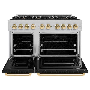 ZLINE Autograph Edition 48 in. 6.7 cu. ft. Classic Double Oven Gas Range with 8 Burner Cooktop in Satin Stainless Steel with Black Matte Doors and Polished Gold Accents (CGRSZ-BLM-48-G) front, oven open.