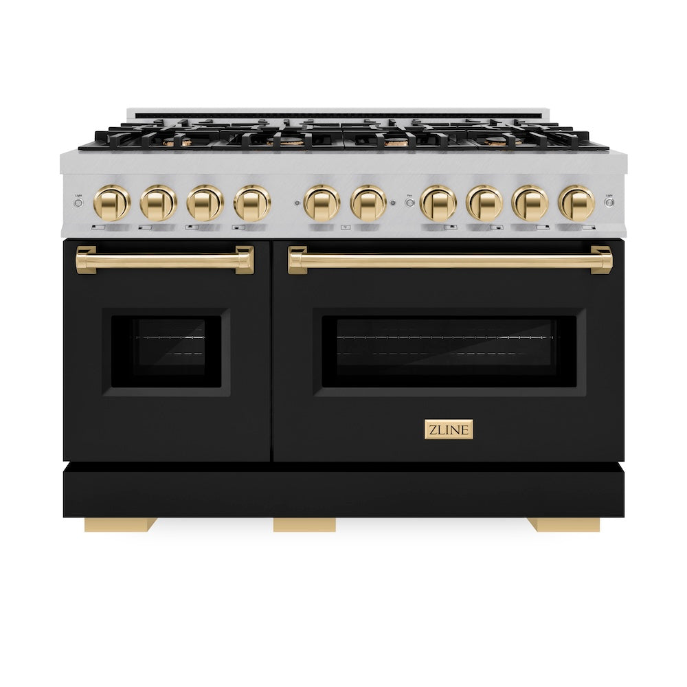 ZLINE Autograph Edition 48 in. 6.7 cu. ft. Classic Double Oven Gas Range with 8 Burner Cooktop in Satin Stainless Steel with Black Matte Doors and Polished Gold Accents (CGRSZ-BLM-48-G) front, oven closed.