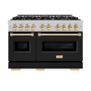 ZLINE Autograph Edition 48 in. 6.7 cu. ft. Classic Double Oven Gas Range with 8 Burner Cooktop in Satin Stainless Steel with Black Matte Doors and Polished Gold Accents (CGRSZ-BLM-48-G) front, oven closed.
