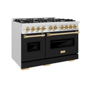 ZLINE Autograph Edition 48 in. 6.7 cu. ft. Classic Double Oven Gas Range with 8 Burner Cooktop in Satin Stainless Steel with Black Matte Doors and Polished Gold Accents (CGRSZ-BLM-48-G) side.