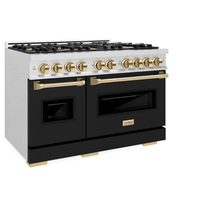 ZLINE Autograph Edition 48 in. 6.7 cu. ft. Classic Double Oven Gas Range with 8 Burner Cooktop in Satin Stainless Steel with Black Matte Doors and Polished Gold Accents (CGRSZ-BLM-48-G) side, oven closed.