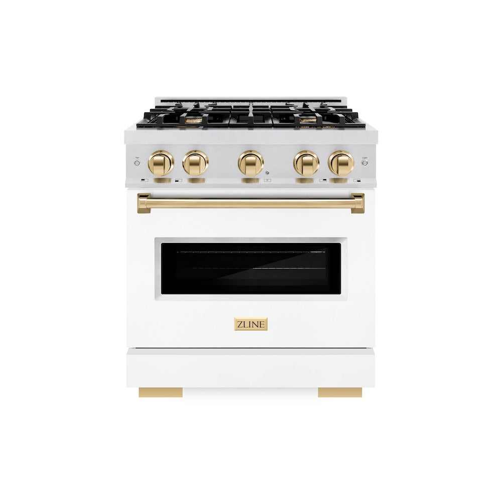 ZLINE Autograph Edition 30 in. 4.2 cu. ft. Classic Gas Range with 4 Burner Cooktop and Convection Gas Oven in Satin Stainless Steel with White Matte Door and Polished Gold Accents (CGRSZ-WM-30-G)