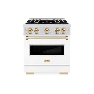ZLINE Autograph Edition 30 in. 4.2 cu. ft. Classic Gas Range with 4 Burner Cooktop and Convection Gas Oven in Satin Stainless Steel with White Matte Door and Polished Gold Accents (CGRSZ-WM-30-G)