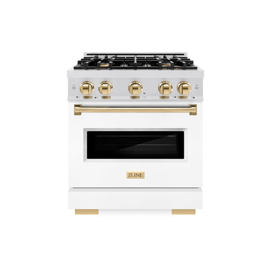ZLINE Autograph Edition 30 in. 4.2 cu. ft. Classic Gas Range with 4 Burner Cooktop and Convection Gas Oven in Satin Stainless Steel with White Matte Door and Polished Gold Accents (CGRSZ-WM-30-G)