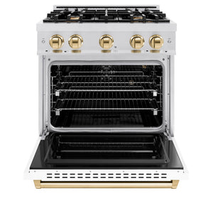 ZLINE Autograph Edition 30 in. 4.2 cu. ft. Classic Gas Range with 4 Burner Cooktop and Convection Gas Oven in Satin Stainless Steel with White Matte Door and Polished Gold Accents (CGRSZ-WM-30-G) front, oven open.
