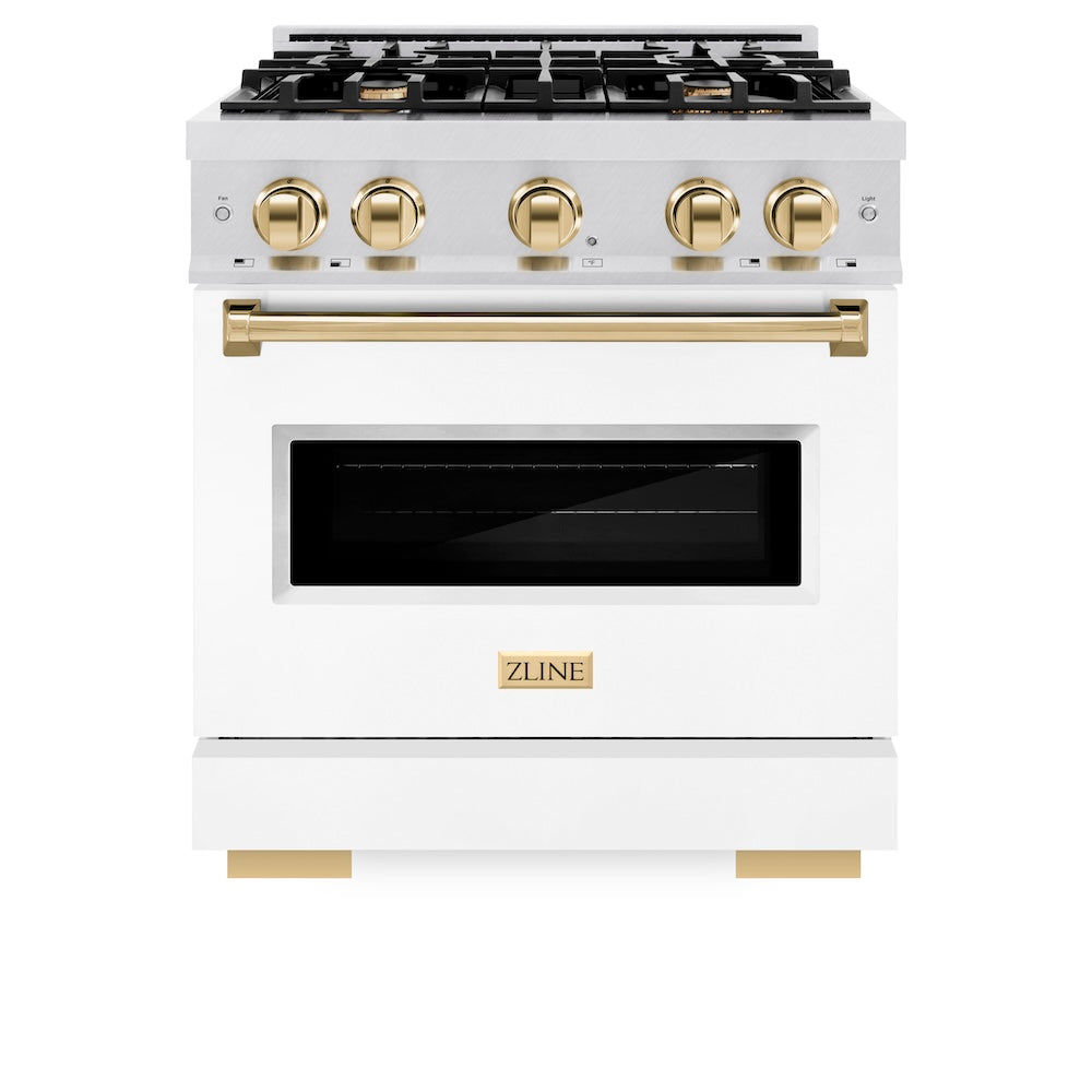 ZLINE Autograph Edition 30 in. 4.2 cu. ft. Classic Gas Range with 4 Burner Cooktop and Convection Gas Oven in Satin Stainless Steel with White Matte Door and Polished Gold Accents (CGRSZ-WM-30-G) front, oven closed.