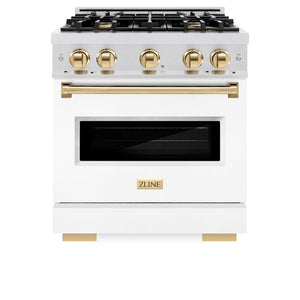 ZLINE Autograph Edition 30 in. 4.2 cu. ft. Classic Gas Range with 4 Burner Cooktop and Convection Gas Oven in Satin Stainless Steel with White Matte Door and Polished Gold Accents (CGRSZ-WM-30-G) front, oven closed.