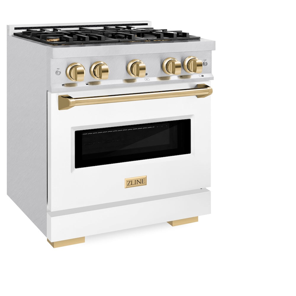 ZLINE Autograph Edition 30 in. 4.2 cu. ft. Classic Gas Range with 4 Burner Cooktop and Convection Gas Oven in Satin Stainless Steel with White Matte Door and Polished Gold Accents (CGRSZ-WM-30-G) side, oven closed.