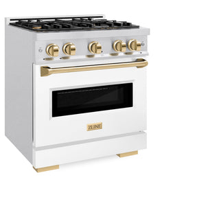 ZLINE Autograph Edition 30 in. 4.2 cu. ft. Classic Gas Range with 4 Burner Cooktop and Convection Gas Oven in Satin Stainless Steel with White Matte Door and Polished Gold Accents (CGRSZ-WM-30-G) side, oven closed.