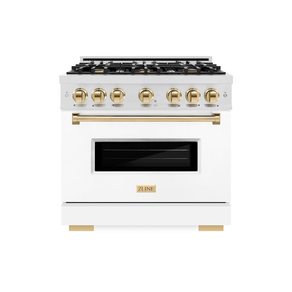 ZLINE Autograph Edition 36 in. 5.2 cu. ft. Classic Gas Range with 6 Burner Cooktop and Convection Gas Oven in Satin Stainless Steel with White Matte Door and Polished Gold Accents (CGRSZ-WM-36-G) front.