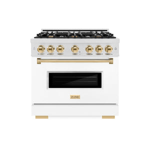 ZLINE Autograph Edition 36 in. 5.2 cu. ft. Classic Gas Range with 6 Burner Cooktop and Convection Gas Oven in Satin Stainless Steel with White Matte Door and Polished Gold Accents (CGRSZ-WM-36-G) front.