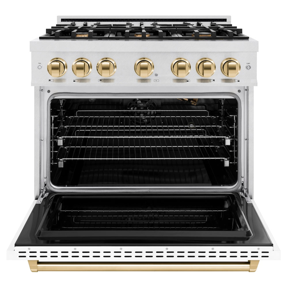 ZLINE Autograph Edition 36 in. 5.2 cu. ft. Classic Gas Range with 6 Burner Cooktop and Convection Gas Oven in Satin Stainless Steel with White Matte Door and Polished Gold Accents (CGRSZ-WM-36-G) front, oven open.