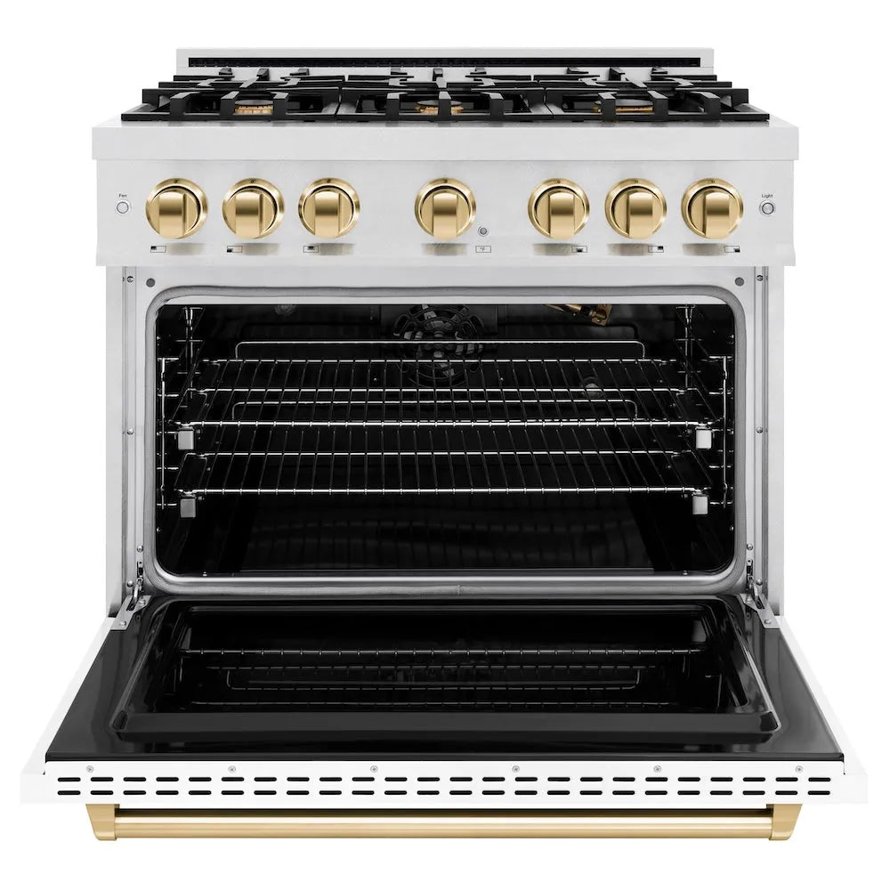 ZLINE Autograph Edition 36 in. 5.2 cu. ft. Classic Gas Range with 6 Burner Cooktop and Convection Gas Oven in Satin Stainless Steel with White Matte Door and Polished Gold Accents (CGRSZ-WM-36-G) front, oven open.