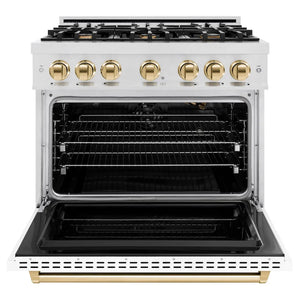 ZLINE Autograph Edition 36 in. 5.2 cu. ft. Classic Gas Range with 6 Burner Cooktop and Convection Gas Oven in Satin Stainless Steel with White Matte Door and Polished Gold Accents (CGRSZ-WM-36-G) front, oven open.