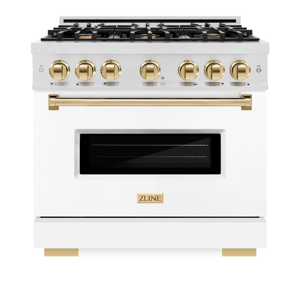 ZLINE Autograph Edition 36 in. 5.2 cu. ft. Classic Gas Range with 6 Burner Cooktop and Convection Gas Oven in Satin Stainless Steel with White Matte Door and Polished Gold Accents (CGRSZ-WM-36-G) front, oven closed.