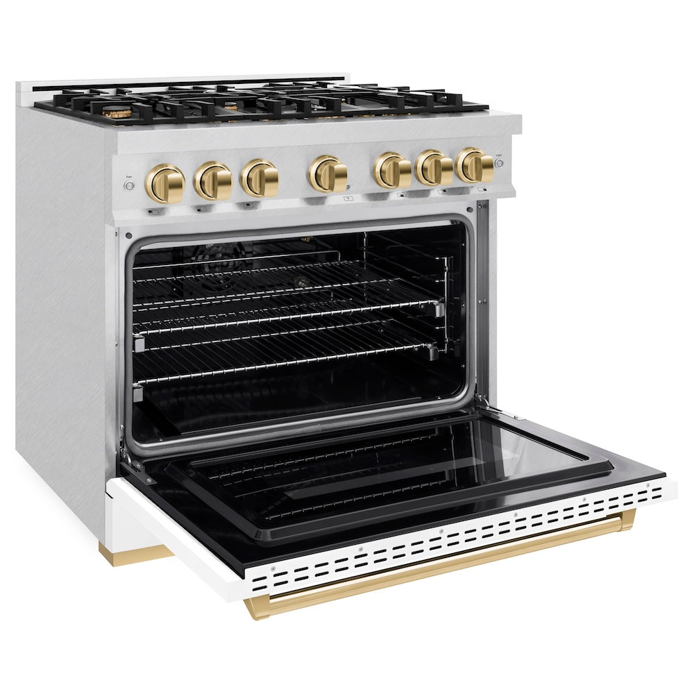 ZLINE Autograph Edition 36 in. 5.2 cu. ft. Classic Gas Range with 6 Burner Cooktop and Convection Gas Oven in Satin Stainless Steel with White Matte Door and Polished Gold Accents (CGRSZ-WM-36-G) side, oven open.