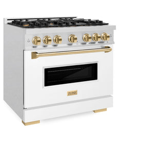ZLINE Autograph Edition 36 in. 5.2 cu. ft. Classic Gas Range with 6 Burner Cooktop and Convection Gas Oven in Satin Stainless Steel with White Matte Door and Polished Gold Accents (CGRSZ-WM-36-G) side, oven closed.