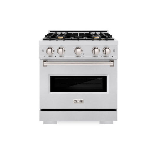 ZLINE 30 in. 4.2 cu. ft. Classic Gas Range with Convection Gas Oven in Satin Stainless Steel with 4 Brass Burners (CGRS-BR-30) front.