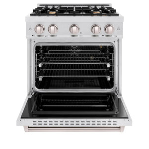 ZLINE 30 in. 4.2 cu. ft. Classic Gas Range with Convection Gas Oven in Satin Stainless Steel with 4 Brass Burners (CGRS-BR-30) front, oven open.