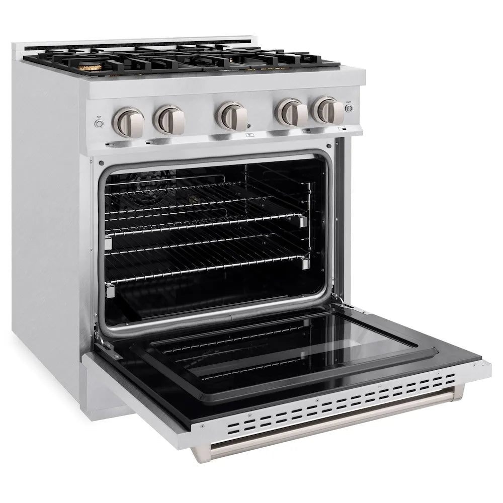 ZLINE 30 in. 4.2 cu. ft. Classic Gas Range with Convection Gas Oven in Satin Stainless Steel with 4 Brass Burners (CGRS-BR-30) side, oven open.
