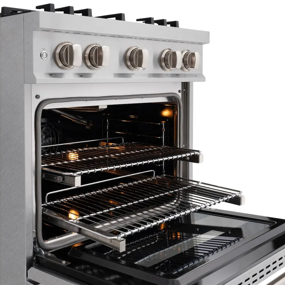 ZLINE 30 in. 4.2 cu. ft. Classic Gas Range with Convection Gas Oven in Satin Stainless Steel with 4 Brass Burners (CGRS-BR-30) oven racks, side.