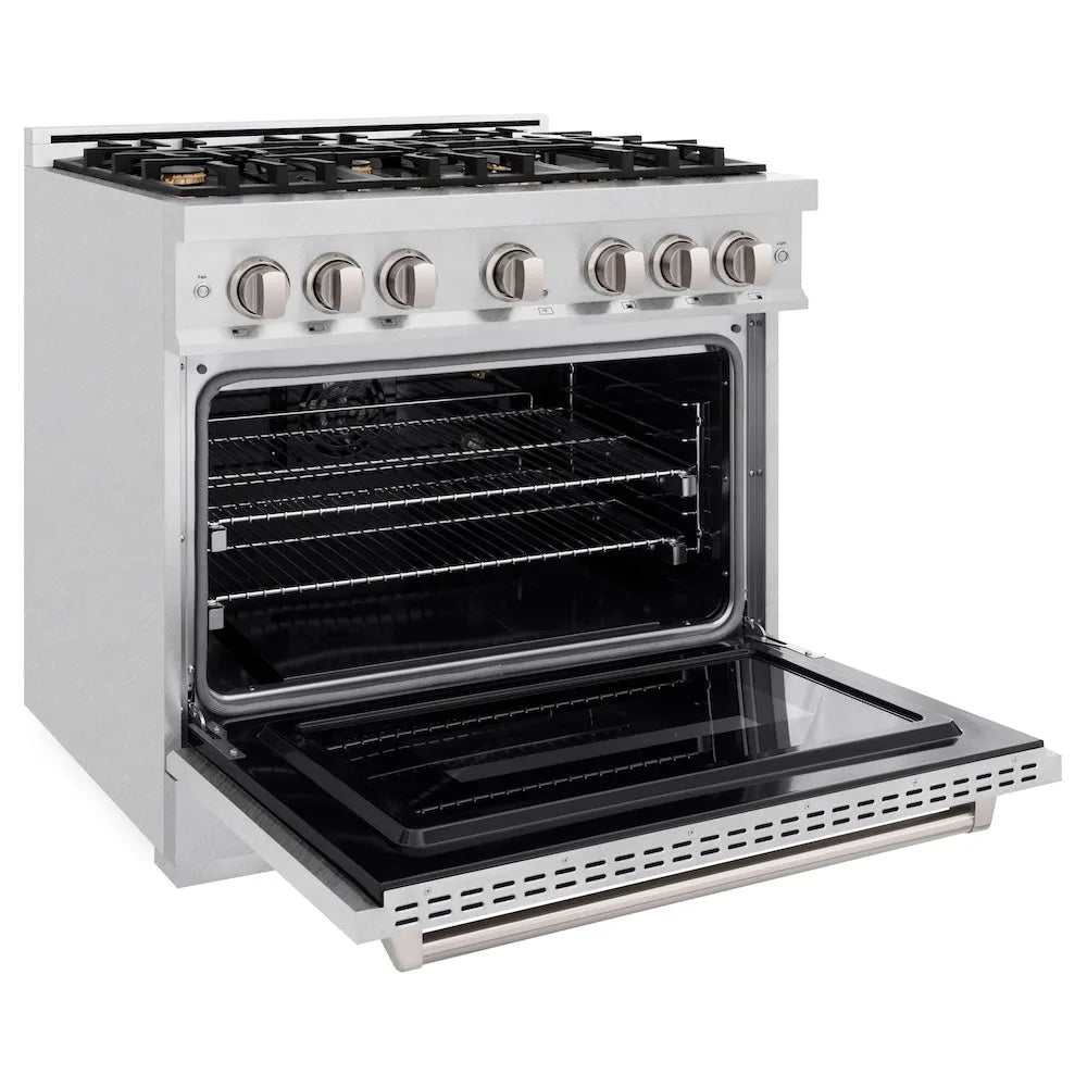ZLINE 36 in. 5.2 cu. ft. Classic Gas Range with Convection Gas Oven in Satin Stainless Steel with 6 Brass Burners (CGRS-BR-36) side, oven open.
