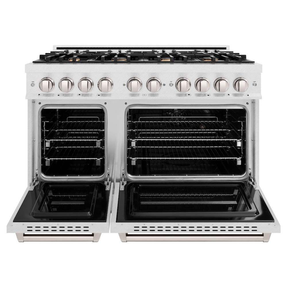 ZLINE 48 in. 6.7 cu. ft. Classic Double Oven Gas Range in Satin Stainless Steel with 8 Brass Burners (CGRS-BR-48) front, oven open.