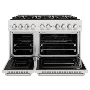 ZLINE 48 in. 6.7 cu. ft. Classic Double Oven Gas Range in Satin Stainless Steel with 8 Brass Burners (CGRS-BR-48) front, oven open.