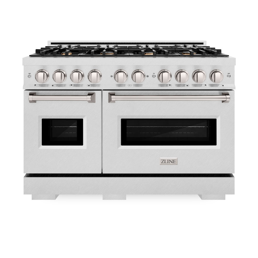 ZLINE 48 in. 6.7 cu. ft. Classic Double Oven Gas Range in Satin Stainless Steel with 8 Brass Burners (CGRS-BR-48) front, oven closed.