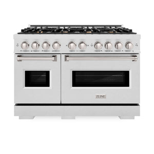 ZLINE 48 in. 6.7 cu. ft. Classic Double Oven Gas Range in Satin Stainless Steel with 8 Brass Burners (CGRS-BR-48) front, oven closed.