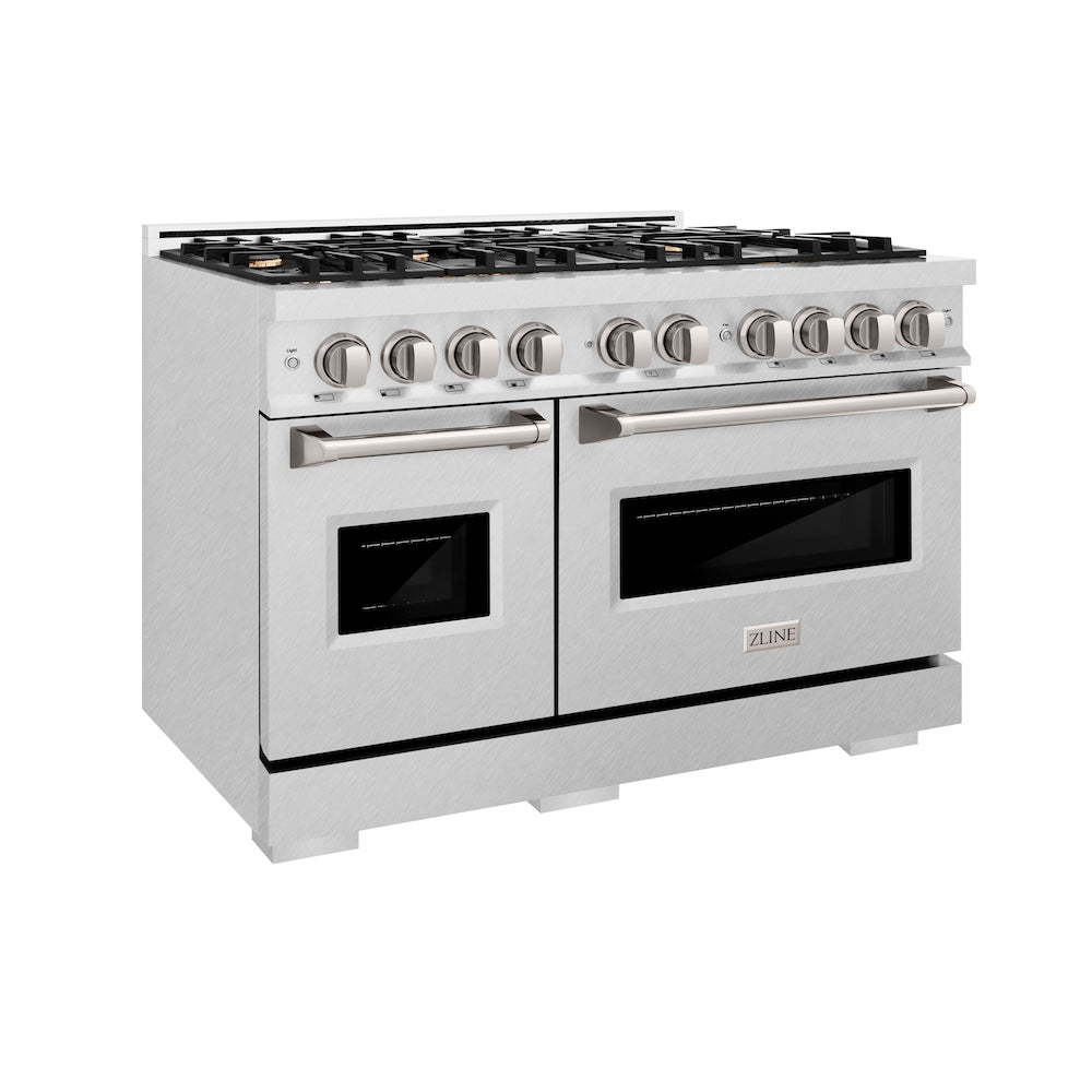 ZLINE 48 in. 6.7 cu. ft. Classic Double Oven Gas Range in Satin Stainless Steel with 8 Brass Burners (CGRS-BR-48) side.