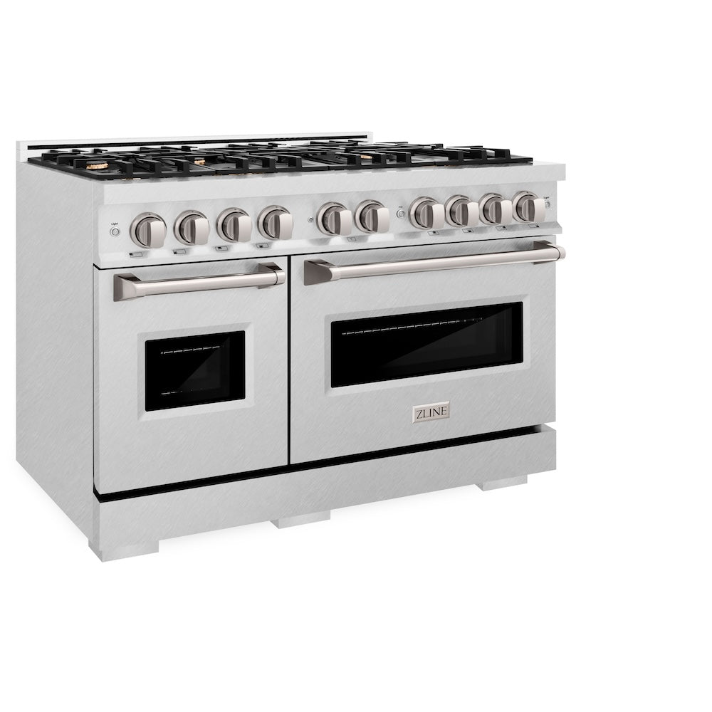 ZLINE 48 in. 6.7 cu. ft. Classic Double Oven Gas Range in Satin Stainless Steel with 8 Brass Burners (CGRS-BR-48) side, oven closed.