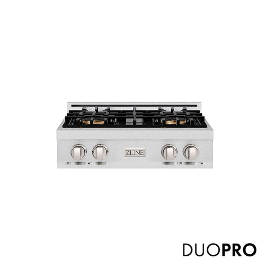 ZLINE 30 in. Classic Gas Rangetop with 4 Burner DuoPro™ Cooktop in Satin Stainless Steel (PCRTS-30) front, with DuoPro™ logo.